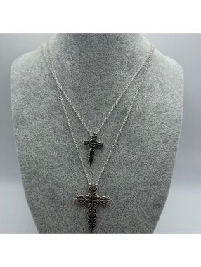 925 Silver Vtg Filigree Cross Necklace Set Lrg & Sm Matching Pendants+Chains